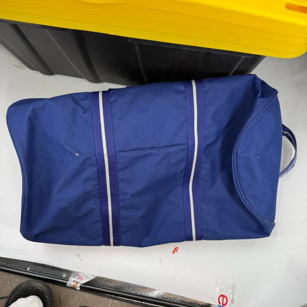 Polo Ralph Lauren Duffel Bag Blue Canvas Striped Strap Travel Gym OS